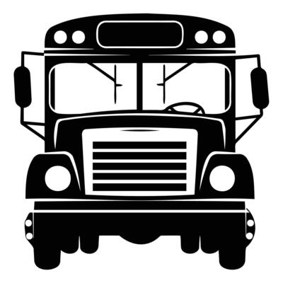 Black and white silhouette of a school bus front view, showcasing the vehicle's characteristic design and structure.