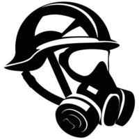 Icon of a safety helmet paired with a gas mask, designed in black and white with detailed features. vector