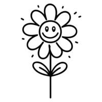 Black and white cartoon doodle of a flower with a smiling face, designed in a cheerful, whimsical style. vector