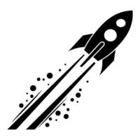 Black rocket icon with a trail of dots and lines on a white background, symbolizing space exploration and innovation. vector