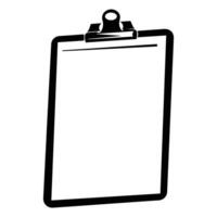 Black and white illustration of a clipboard with paper, highlighting its simple design, representing office supplies and organization. vector