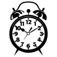 Black and white illustration of a classic alarm clock with bells, showing detailed time in a retro design. vector