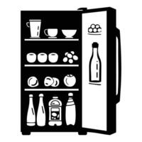 Black and white icon of an open refrigerator, showcasing various food items and drinks in a minimalist style. vector