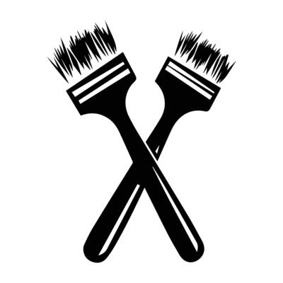 A black and white illustration of two crossed paintbrushes, symbolizing art, creativity, and painting tools.