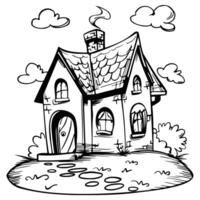 Black and white sketch of a whimsical house, featuring charming and playful design elements. vector