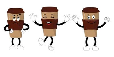 Coffee cup mascot set, funny coffee cups with different facial expressions and poses. Funny colorful characters in doodle style vector