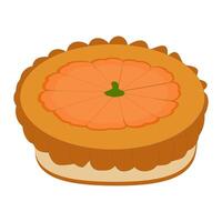 Illustration of a whole pie with a thick layer and pumpkin topping on top, filled with pieces of pumpkin, shaped fruit. vector