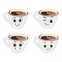 Four white Coffee cup mascot character set, funny coffee cups with different facial expressions and poses. Funny colorful characters in doodle style vector