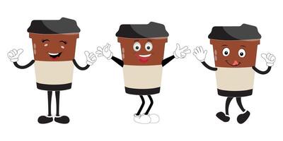 Coffee cup mascot character set, funny coffee cups with different facial expressions and poses. Funny colorful characters in doodle style. Four vector