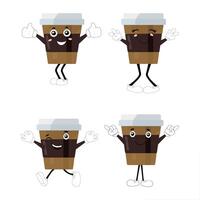 Happy Coffee cup mascot character set, funny coffee cups with different facial expressions and poses. Funny colorful characters in doodle style vector