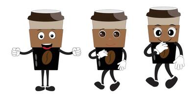 Cute Coffee cup mascot character set, funny coffee cups with different facial expressions and poses. Funny colorful characters in doodle style vector