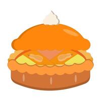 Illustration of a whole pie with a thick layer and cream topping on top, filled with pumpkin, shaped pieces of fruit. vector