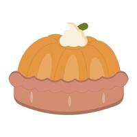 Illustration of a whole pie with a thick layer and cream topping on top, filled with pumpkin-shaped pieces of fruit. vector