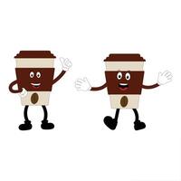 Two happy Coffee cup mascot character, funny coffee cups with different facial expressions and poses. Funny colorful characters in doodle style vector