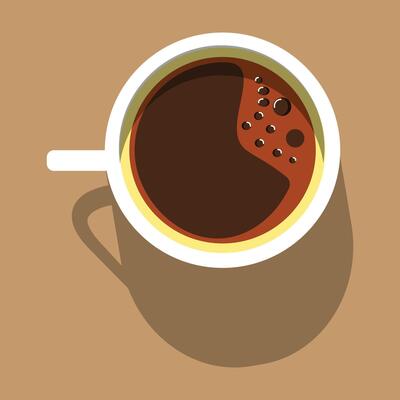 Coffee cup icon. Flat illustration of coffee cups and beans in a seamless pattern, perfect for coffee shop designs. On top angle