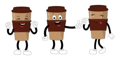 Brown Coffee cup mascot character set, funny coffee cups with different facial expressions and poses. Funny colorful characters in doodle style. With tongue vector