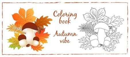 Coloring page with autumn maple and chestnut leaves, acorns,oak leaves, rowan leaves, mushrooms on white background. vector
