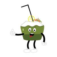 Coconut mascot, Summer Design Illustration of Happy Coconut Mascot Character with straw, lemon slice and small umbrella, while another gives thumbs up, tongue out vector