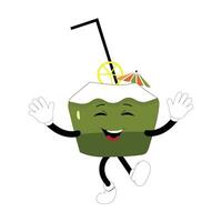 Cute Coconut mascot, Summer Design Illustration of Happy Coconut Mascot Character with straw, lemon slice and small umbrella, while another gives thumbs up vector
