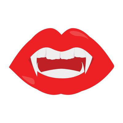 Vampire mouth with fangs and teeth icon illustration. Cartoon open red lips woman with long pointed teeth expression emotion, suitable for halloween design theme festive