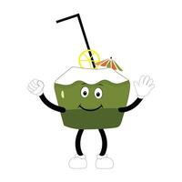 Smile Coconut mascot, Summer Design Illustration of Happy Coconut Mascot Character with straw, lemon slice and small umbrella, while another gives thumbs up vector