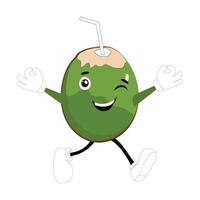 Happy Coconut mascot, Summer Design Illustration of Happy Coconut Mascot Character with straw, lemon slice and small umbrella, while another gives thumbs up vector
