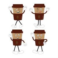 Coffee cup mascot character set, funny coffee cups with different facial expressions and poses. Funny colorful characters in doodle style. Five vector