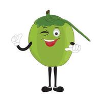 Coconut mascot, Summer Design Illustration of Happy Coconut Mascot Character with straw, lemon slice and small umbrella, while another gives thumbs up, five vector