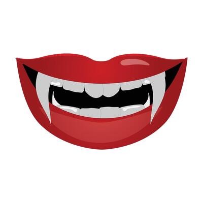 Vampire mouth with fangs and teeth illustration. Vampire smile Cartoon open red lips woman with long pointed teeth expression emotion, suitable for halloween design theme