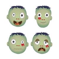 Set of four colorful zombie faces featuring various expressions, cartoon style, face exhibits unique horror features, designed Halloween themes. Vibrant scary faces, spooky graphic design vector