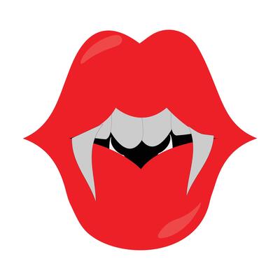 Vampire mouth 1 with fangs and teeth icon illustration. Cartoon open red lips woman with long pointed teeth, for halloween design theme
