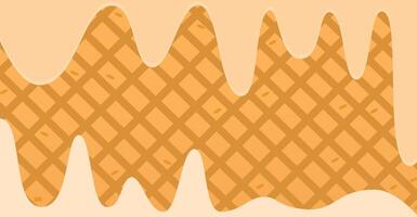 illustration a waffle background covered by a wavy layer of cream or syrup in warm brown and beige tones. vector