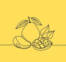 minimalistic illustration of a mango with leaves, drawn in a single continuous line on a yellow background vector