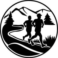 dos personas corriendo en el bosque con montañas en el antecedentes vector