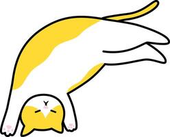 The cat colored with patches of yellow and white in a sleepy and relaxed pose is stretching with its back legs extended upward and its front legs bent forward, creating an almost inverted U shape. vector