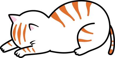 A cat has a striped, tabby coat with its head tucked under its paws. This sleeping pose gives the appearance of a head down or apologetic position, as if the cat is shy or hiding its face. vector