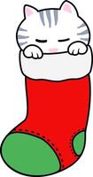 A cat with grey stripes and a pink nose, snugly tucked into a Christmas stocking, sleepy appearance. Its paws are resting over the top of the red stocking which has a green toe and heel. vector