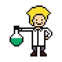 Cartoon 8 bit cool man doctor science with green solution. vector