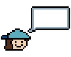 Pixel art face of man smile with chat box blank minimal. vector