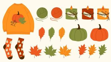 Autumn set, fall clip art. Design elements collection with leaf, pumpkins, candel and others. Pack of cute autumn stickers. illustration. Modern illustrations in flat minimal style. vector