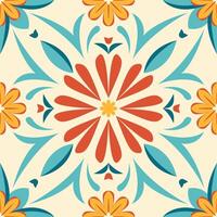 Floral ceramic tiles, inspired by Mexican design, showcase intricate patterns of flowers and leaves. Vibrant reds, yellows, and greens add vibrancy, creating a colorful Mediterranean ambiance. vector