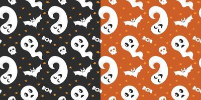 A set of two seamless patterns with funny ghosts. On black and orange backgrounds. For Halloween decorations, wrapping, prints, textiles, and backgrounds. Includes bats, stars, skulls, and candy. vector