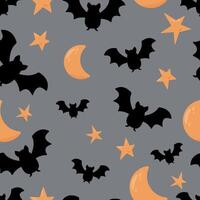 Pattern with halloween elements. Bat, moon and stars on grey background. Design is perfect for greeting cards, textile, kids backgrounds and scrapbooking vector