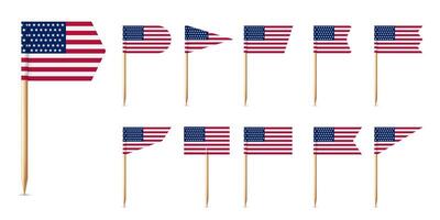 USA toothpick flags. US pennants on wooden stick. Realistic 3D location mark, map pointer and cocktail decoration. set vector