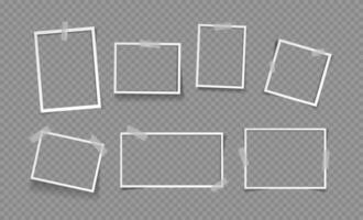 Realistic empty photo frame. Retro vintage white photograph borders with transparent adhesive tape. Snapshot image template, mockup for social media. set vector