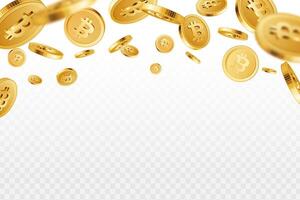 Bitcoin rain. Realistic golden bitcoin cryptocurrency coins explosion or splash isolated, electronic payments concept. background vector