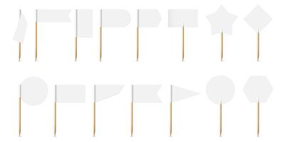 Toothpick flags. White 3D realistic blank small flags on wooden toothpicks in various shape. Decorative pennants, location mark, map pointer set vector