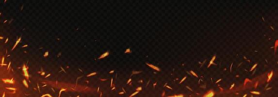 Fire sparks background. Burning glowing particles frame, embers burning cinder. Flame of fire with sparks. texture vector