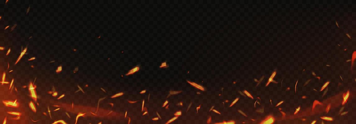 Fire sparks background. Burning glowing particles frame, embers burning cinder. Flame of fire with sparks. texture