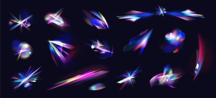 Diamond reflection. Iridescent crystal leak glare reflections effect. Optical rainbow lights, glare streak overlay. Colorful lenses and light flares with transparent effects vector